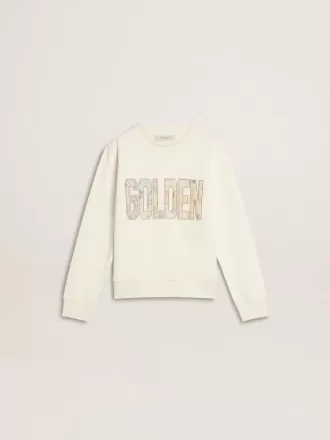 Hvid sweatshirt til piger med flerfarvet Golden-skrift på fronten