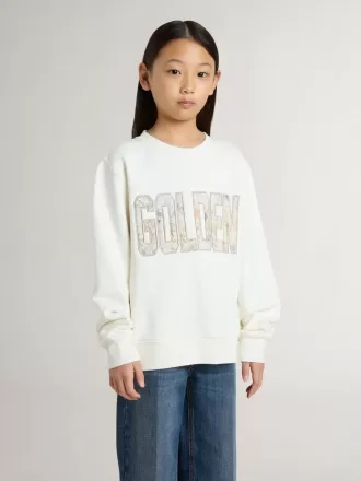 Hvid sweatshirt til piger med flerfarvet Golden-skrift på fronten
