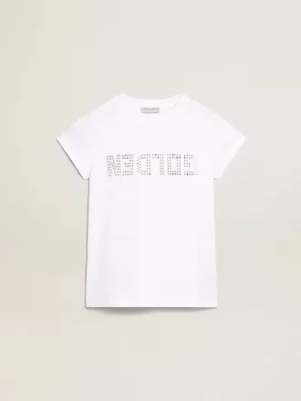 Hvid T-shirt med centralt Golden-logo i krystaller