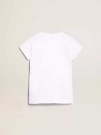 Hvid T-shirt med centralt Golden-logo i krystaller