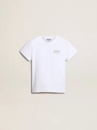 Hvid T-shirt med kontrastfarvet sølvlogo på fronten