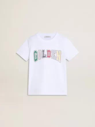 Hvid T-shirt til drenge med flerfarvet Golden-print
