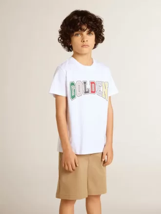 Hvid T-shirt til drenge med flerfarvet Golden-print