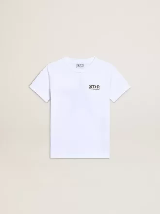 Hvid T-shirt til drenge med kontrastfarvet mørkegrønt logo og stjerne