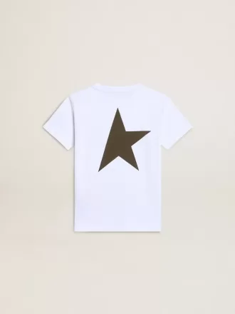 Hvid T-shirt til drenge med kontrastfarvet mørkegrønt logo og stjerne