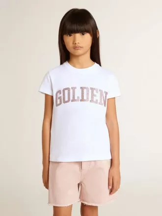 Hvid T-shirt til piger med lyserødt glitter Gyldne bogstaver