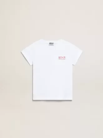 Hvid T-shirt til piger med lyserødt glitterlogo og stor stjerne