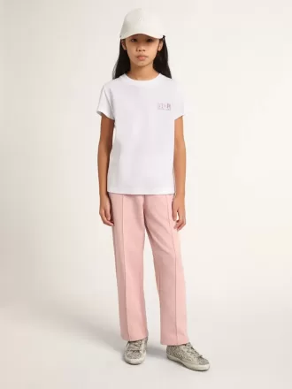 Hvid T-shirt til piger med lyserødt glitterlogo og stor stjerne