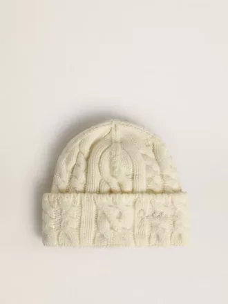 Hvid uldbeanie med broderi