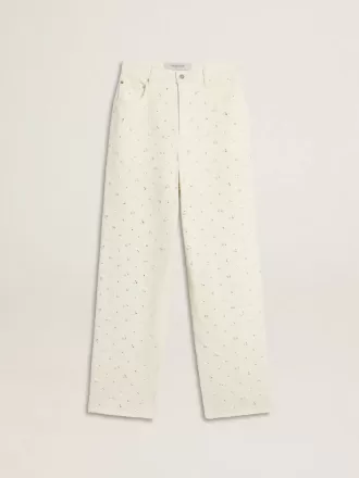 Hvide denimbukser til kvinder med perler og krystaller