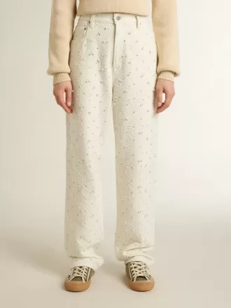 Hvide denimbukser til kvinder med perler og krystaller