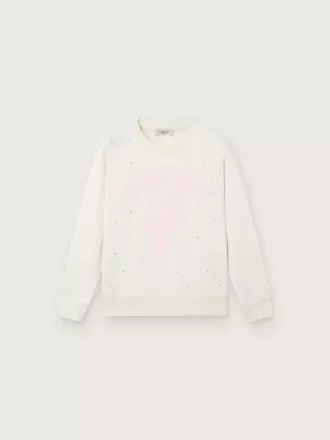Journey hvid bomulds-sweatshirt med rund hals til piger med maskotprint og krystalapplikationer Journey hvid bomulds-sweatshirt med rund hals til piger med maskotprint og krystalapplikationer