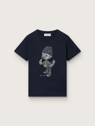 Journey T-shirt til drenge i blå bomuldsjersey med digitalt maskotprint Journey T-shirt til drenge i blå bomuldsjersey med digitalt maskotprint