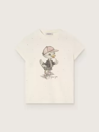 Journey T-shirt til piger i hvid bomuldsjersey med digitalt mascot-print og krystalapplikationer Journey T-shirt til piger i hvid bomuldsjersey med digitalt mascot-print og krystalapplikationer