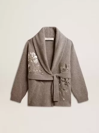 Kardigan til kvinder i grå meleret uld med broderi på forsiden Kardigan til kvinder i grå meleret uld med broderi på forsiden