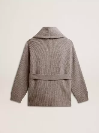Kardigan til kvinder i grå meleret uld med broderi på forsiden Kardigan til kvinder i grå meleret uld med broderi på forsiden