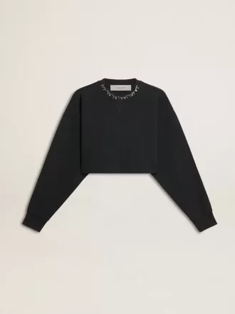 Kort bomuldssweatshirt til kvinder med krystaller på fronten