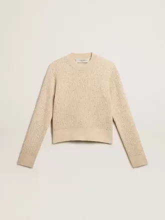Kort sweater med rund hals i beige uld med krystaller overalt