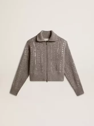 Kort sweater til kvinder i grå meleret uld med pailletter Kort sweater til kvinder i grå meleret uld med pailletter