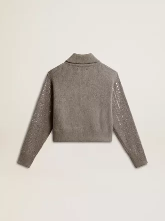 Kort sweater til kvinder i grå meleret uld med pailletter Kort sweater til kvinder i grå meleret uld med pailletter