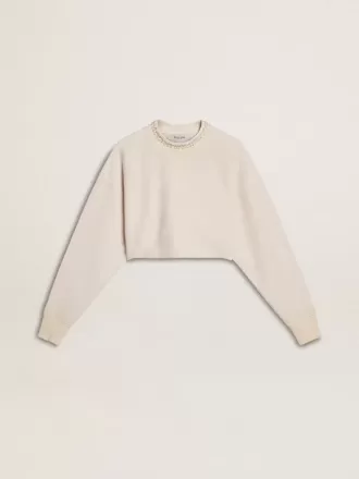 Kort sweatshirt i cremefarvet bomuld til kvinder med krystaller på fronten