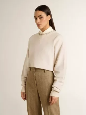 Kort sweatshirt i cremefarvet bomuld til kvinder med krystaller på fronten
