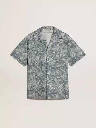 Kortærmet poplin-skjorte i pyjamasstil til mænd med blå og hvid maritim print