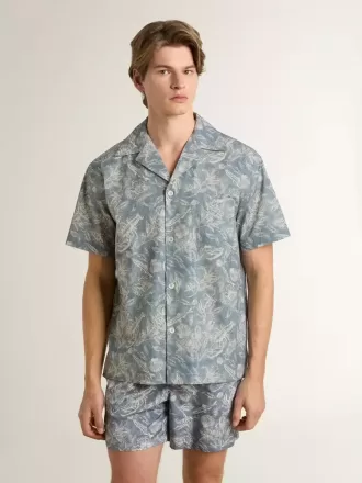 Kortærmet poplin-skjorte i pyjamasstil til mænd med blå og hvid maritim print