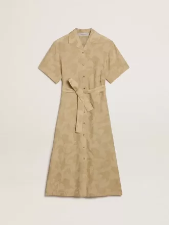 Kortærmet skjortekjole til kvinder i beige blomstret jacquard