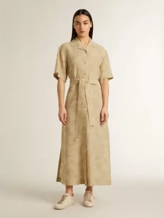 Kortærmet skjortekjole til kvinder i beige blomstret jacquard