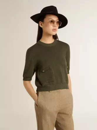 Kortærmet sweater til kvinder i militærgrøn bomuld