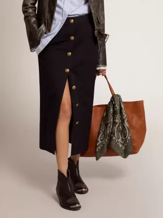 Kvinders pencilskirt i mørkeblå uld med guldfarvede heraldiske knapper