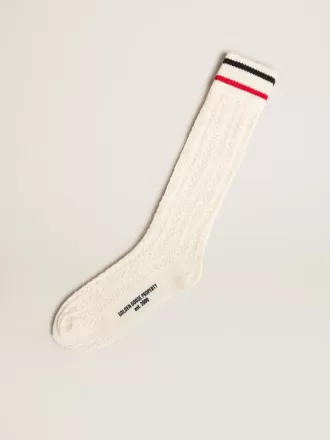 Lange ribstrømper i vintage hvid med tofarvede striber