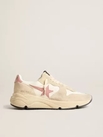 Løbesko til kvinder i beige nylon med lyserød læderstjerne og hælkappe