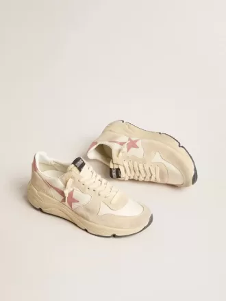 Løbesko til kvinder i beige nylon med lyserød læderstjerne og hælkappe
