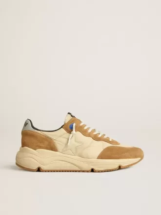 Løbesko til mænd i elfenbensfarvet nylon og tobaksfarvet ruskind