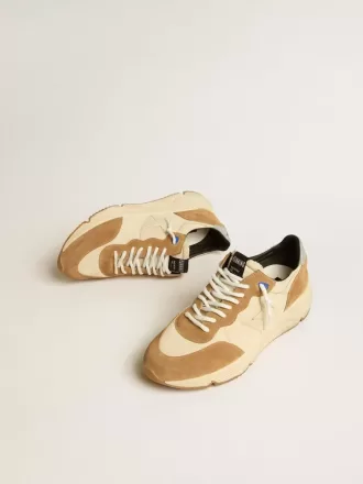 Løbesko til mænd i elfenbensfarvet nylon og tobaksfarvet ruskind