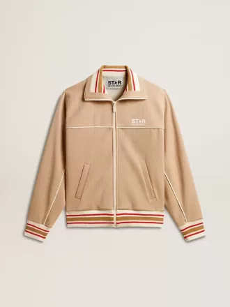 Let beige sweatshirt med lynlås og hvidt logo til kvinder