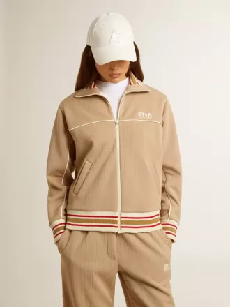 Let beige sweatshirt med lynlås og hvidt logo til kvinder