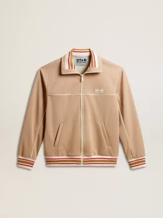 Let beige sweatshirt med lynlås og hvidt logo til mænd