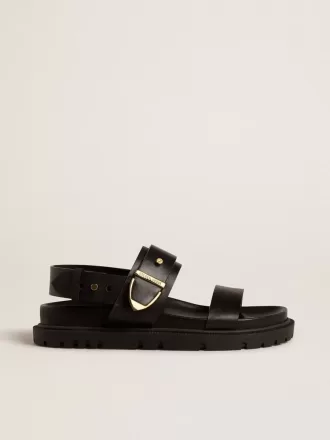 Lucy-sandaler til kvinder i blankt sort læder med guldfarvet metalspænde