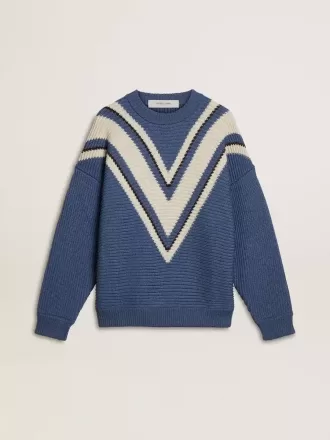 Lys blå jacquard uldtrøje til mænd med cremefarvet mønster