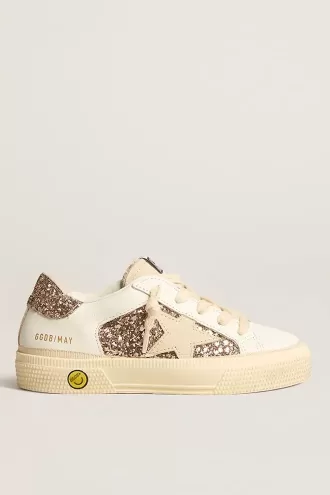 May Teen i hvidt læder og rosaguldglitter med beige ruskindstjerne
