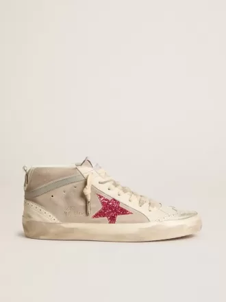 Mid Star i ruskind med fuchsia glitterstjerne og gråt læderflash