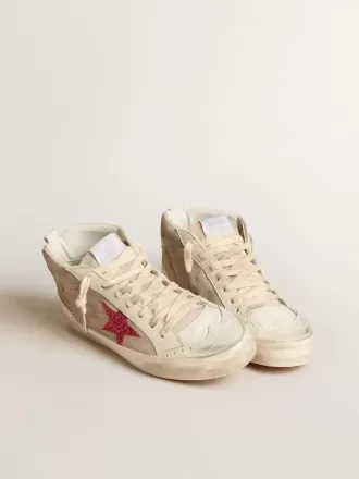 Mid Star i ruskind med fuchsia glitterstjerne og gråt læderflash