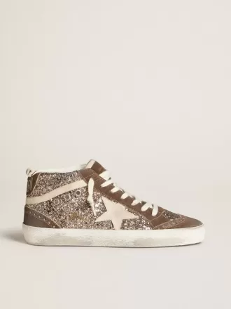 Mid Star til kvinder i glitter med perlemorsfarvet ruskindstjerne og brune ruskindsindsatser