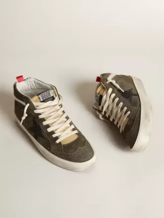 Mid-Star til kvinder i olivengrøn ruskind med sort glitterstjerne og hælkappe i ponyskind