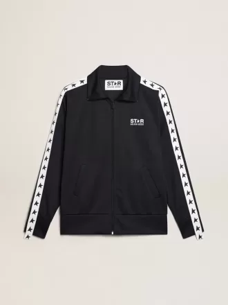 Mørkeblå sweatshirt med hvid stribe og kontrastfarvede blå stjerner