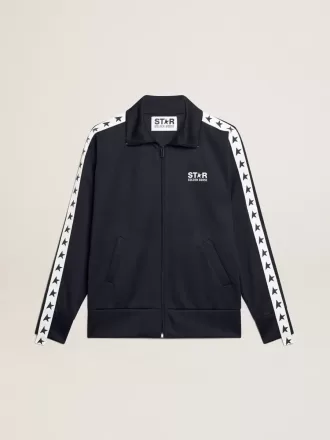Mørkeblå sweatshirt med lynlås, hvid stribe og kontraststjerner