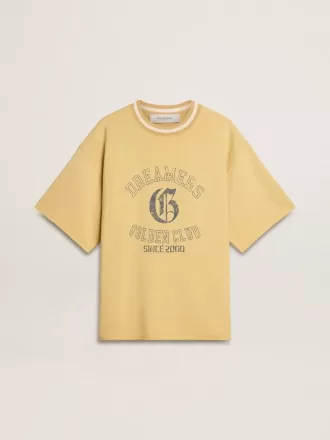 Oversized gul bomuldst-shirt til mænd med blåt print